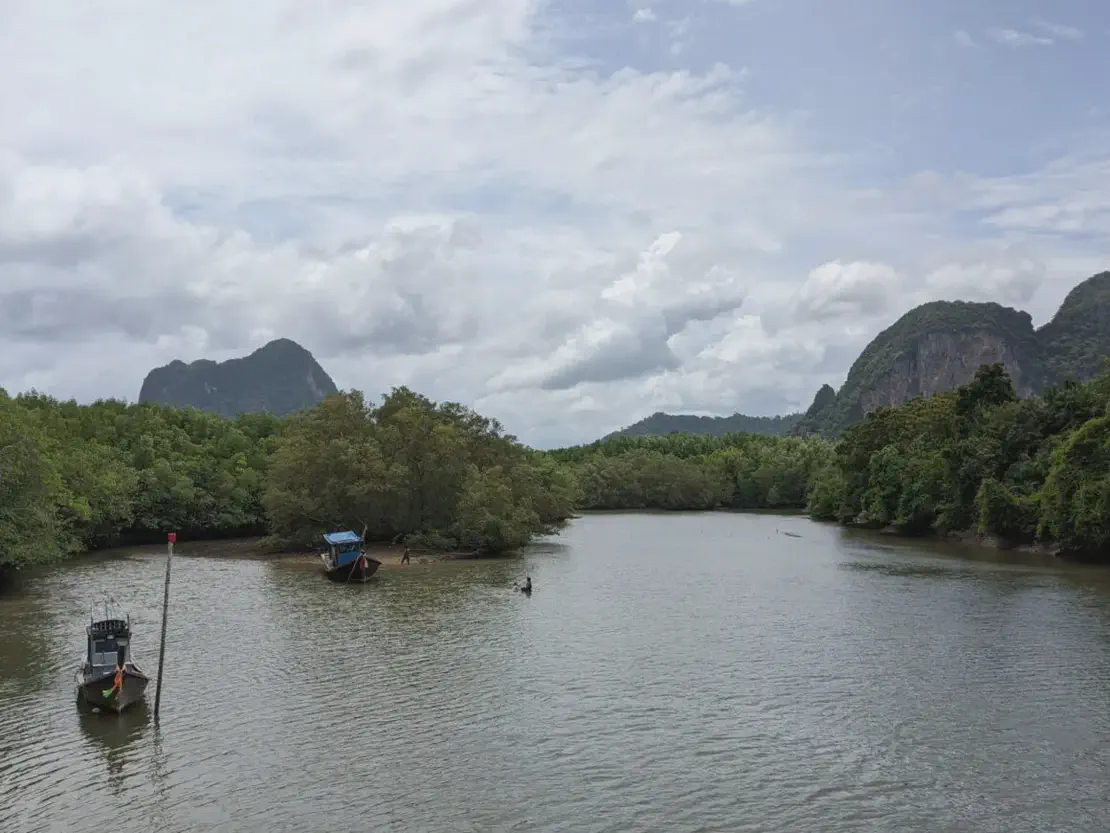 Scenic river view surrounded by lush green trees and limestone mountains with longtail boats anchored along the shore.