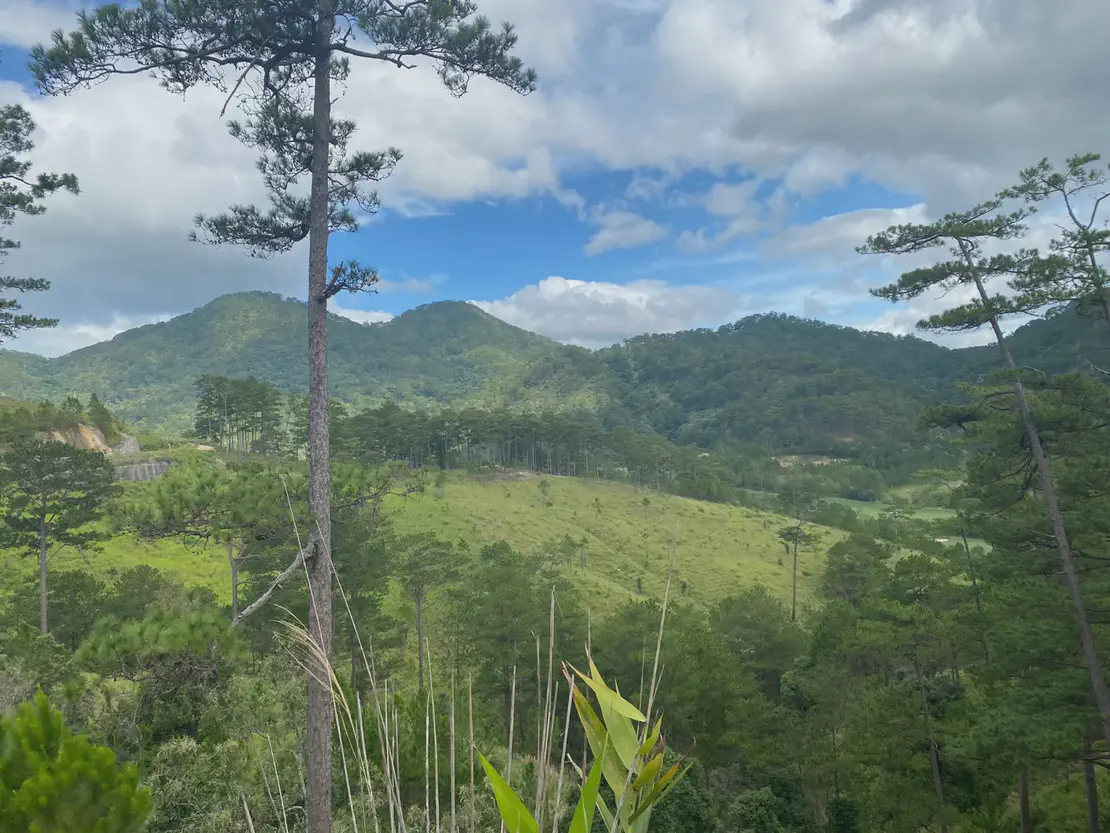 Green mountains and pine trees under a partly cloudy sky with patches of blue in Da Lat Vietnam.