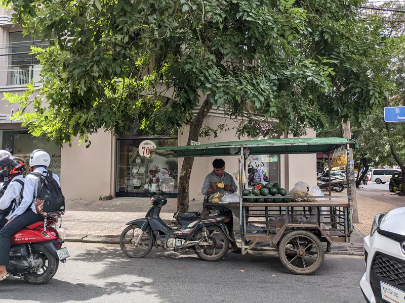 Street vendor selling pineapples and watermelons from a motorbike cart under a tree.