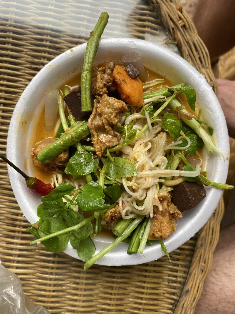 Bowl of Cambodian noodle soup with fresh herbs, long beans, carrots, chunks of meat, and cubes of congealed blood in a spicy broth.