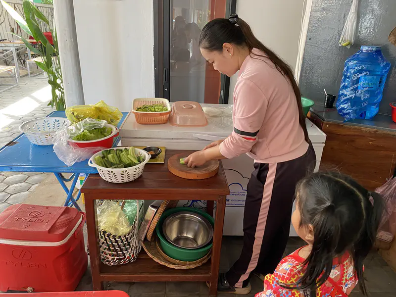 Woman chopping vegetables on a wooden board while a child watches, with bowls of fresh produce around her in a casual kitchen setup.