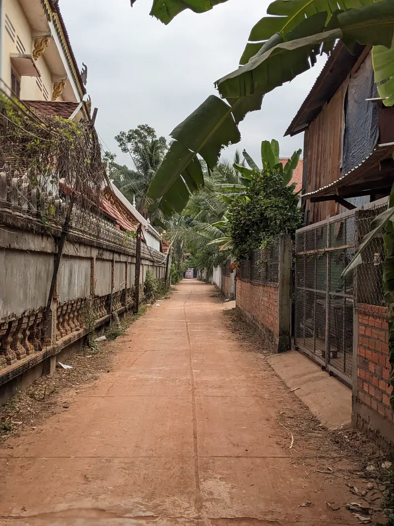 Narrow alleyway with a dirt path, flanked by a temple wall on the left and wooden houses with brick walls on the right, with banana leaves hanging overhead.