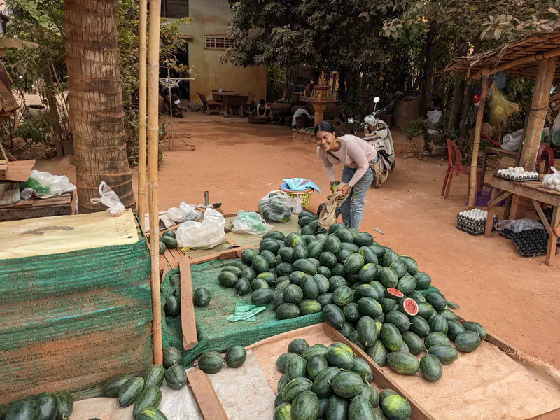 Smiling woman leaning over a large pile of watermelons at an outdoor stall, selecting one to place into a sack, with eggs displayed on a nearby table.