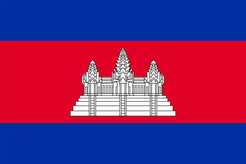 Flag of Cambodia with red center, blue borders, and white Angkor Wat silhouette.