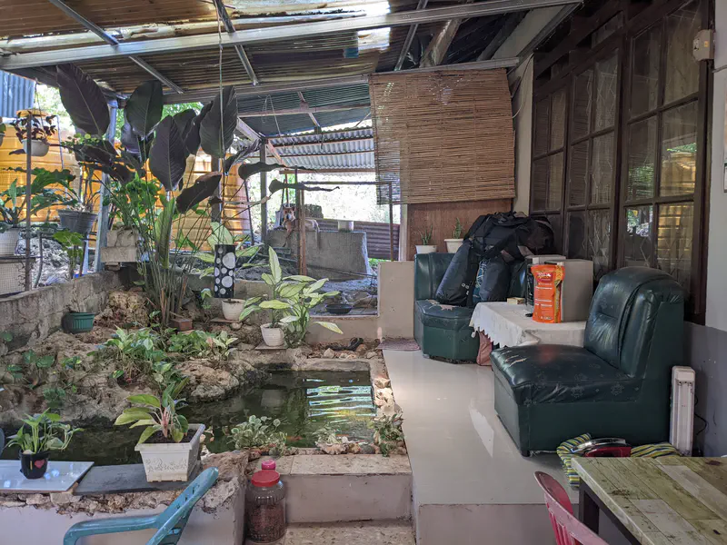 Semi-outdoor seating area with green cushioned chairs, a small table, and a decorative pond surrounded by potted plants under a covered roof.