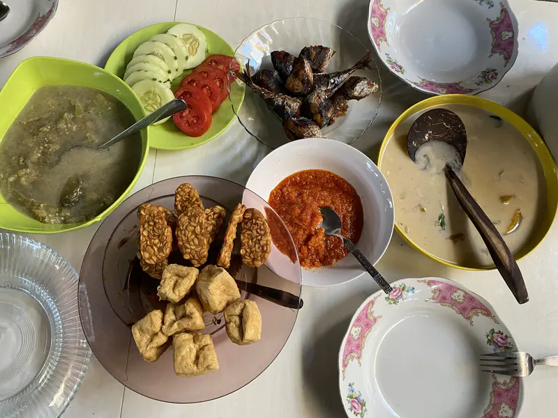 Traditional Indonesian meal on a table with dishes including fried tempeh and tofu, sambal chili sauce, coconut milk curry, grilled fish, cucumber and tomato slices, and a green vegetable stew.