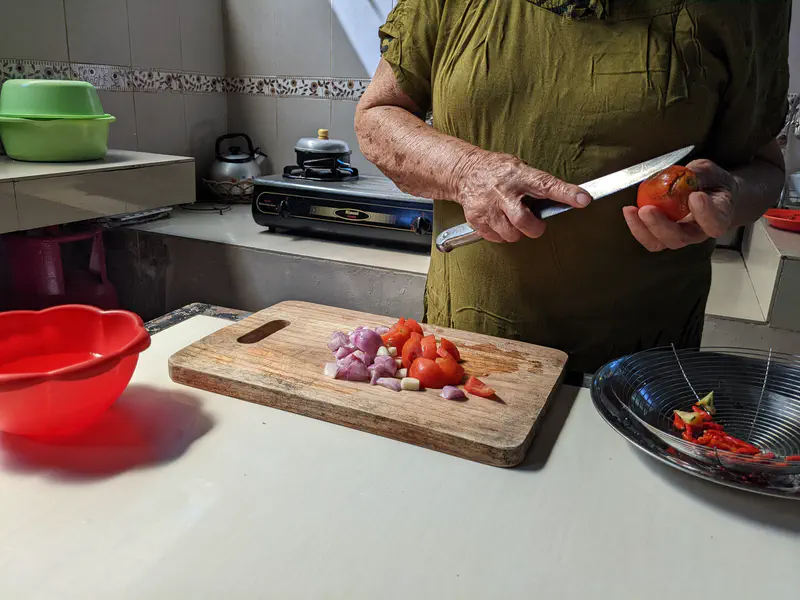 Person chopping tomatoes, shallots, and garlic on a wooden cutting board.