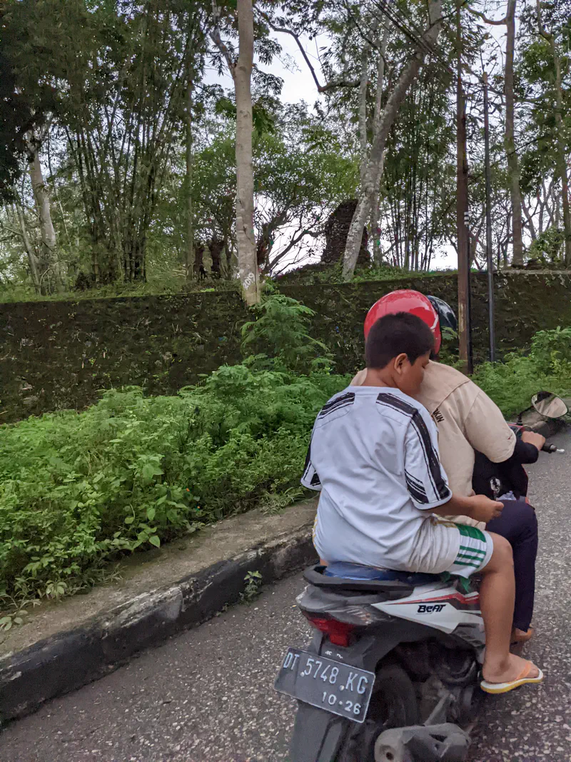 Adult riding a motorbike with a child sitting on the back.