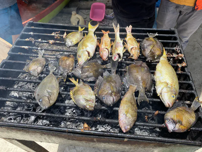 Fresh fish grilling over charcoal on a barbecue.