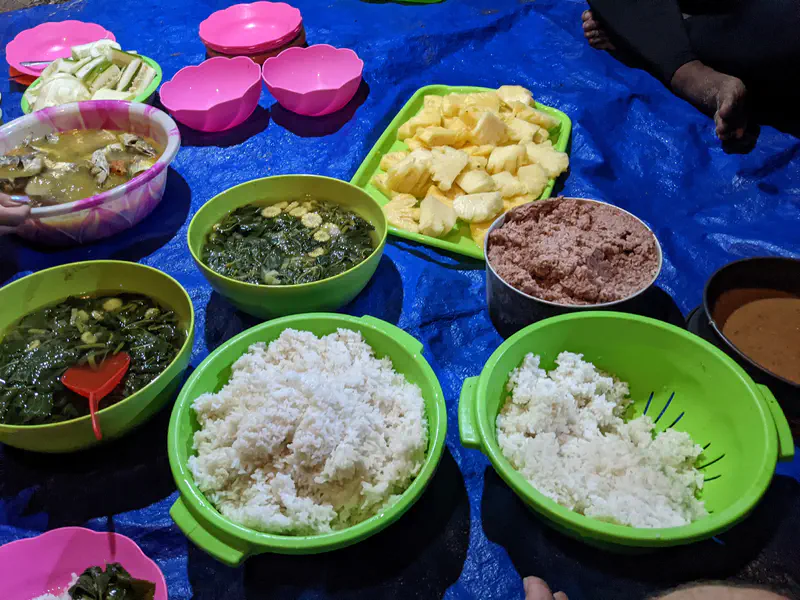 Close-up of a communal outdoor meal spread on a blue tarp, featuring bowls of rice, leafy vegetable soup, fish soup, sliced pineapple, and other traditional dishes in plastic containers.