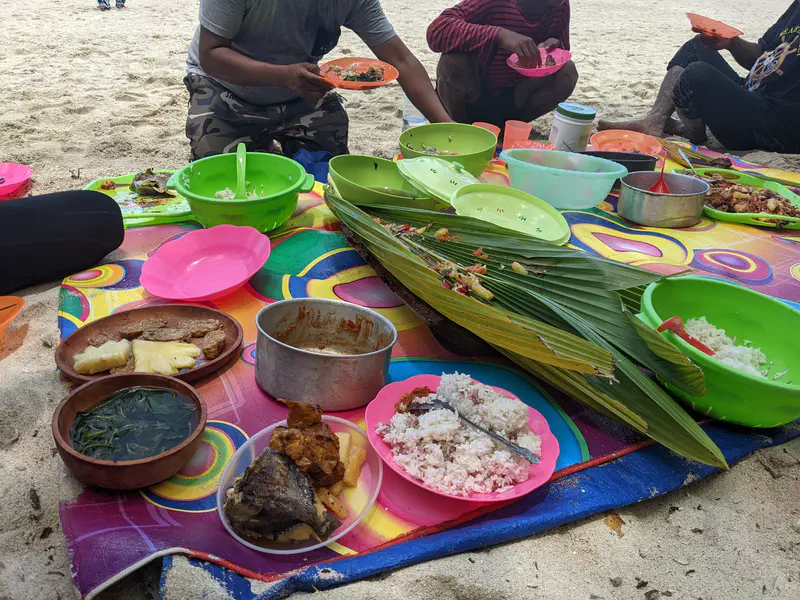 Colorful picnic setup on the sand with rice, fish, vegetables, pineapple, and other dishes served in bowls and on palm leaves, as people eat together on a mat.