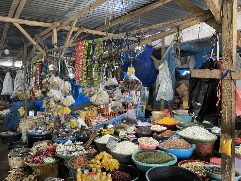 Indoor market stall with baskets of grains, spices, garlic, and packaged goods hanging above.