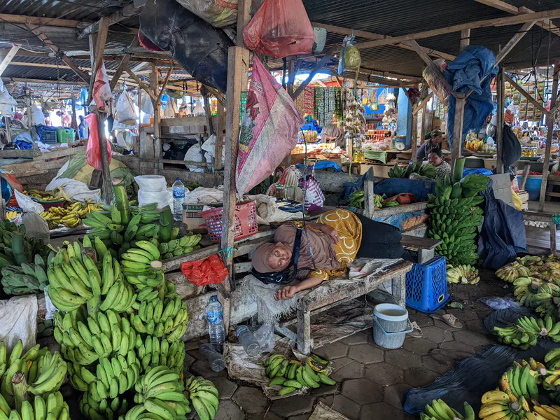 Vendor lying down on a wooden bench surrounded by piles of bananas in a market.
