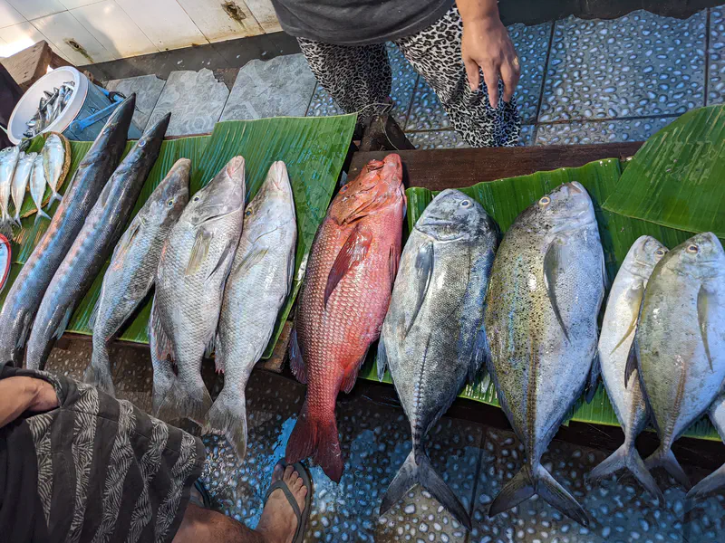 Fresh fish including a large red snapper displayed on banana leaves at a market stall.