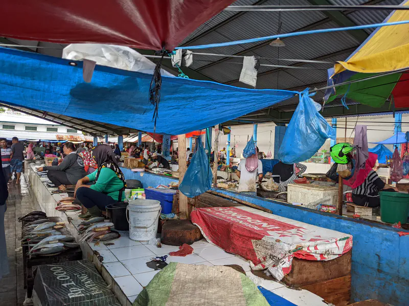 Vendors selling fish under colorful tarps in a crowded market.