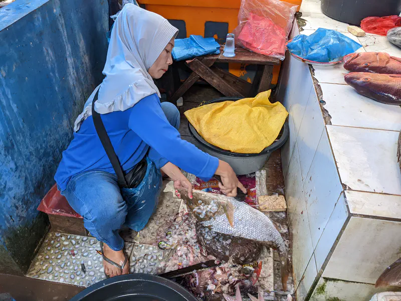 Woman in a headscarf cleaning a large fish at a market stall.