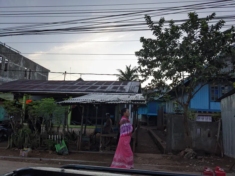 A woman in a pink dress walks past traditional village houses with tin roofs and blue wooden walls at dusk.
