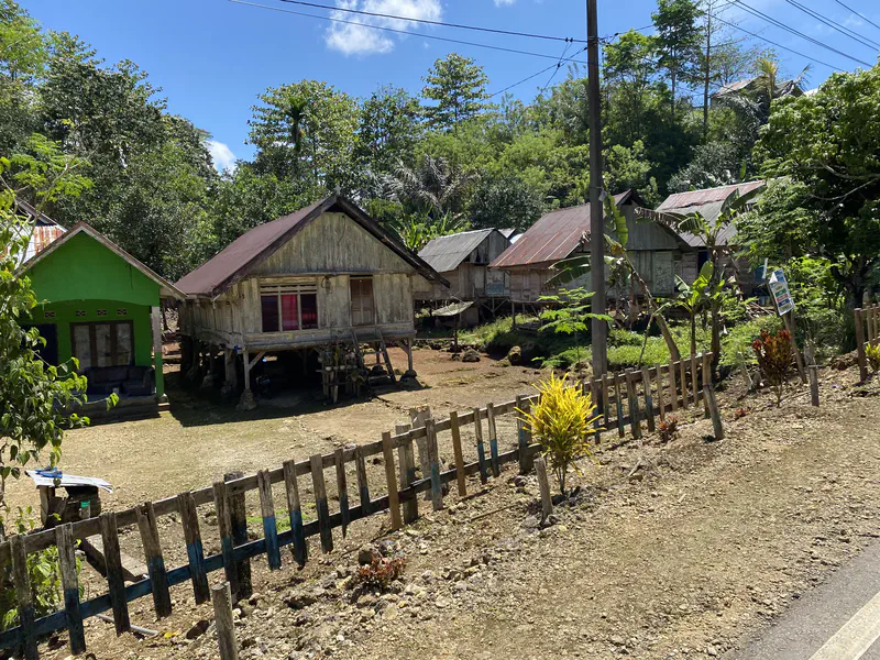 Row of traditional stilt houses with tin roofs beside a green painted house along a village road.