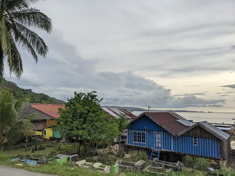 Coastal village with colorful wooden houses, palm trees, and a view of the sea under a cloudy sky.
