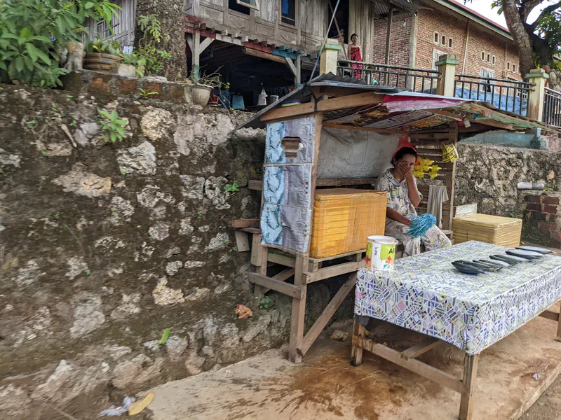 Woman sitting at a small roadside stall with tables covered in patterned cloth and boxes of goods.