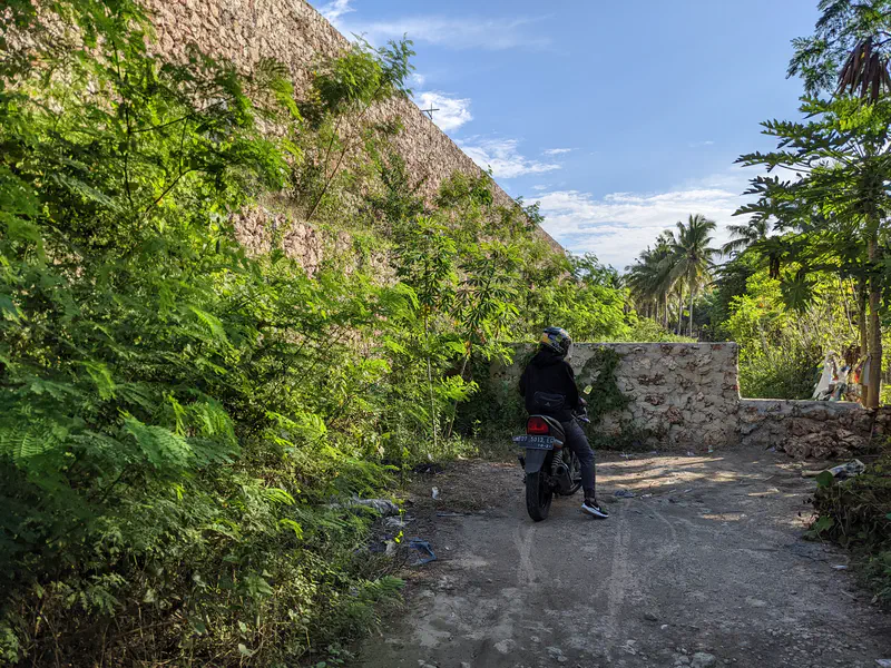 Person on a motorcycle facing a stone wall surrounded by greenery and palm trees.