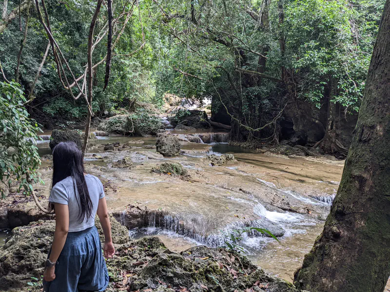 Person standing by a rocky stream with small waterfalls in a forest.