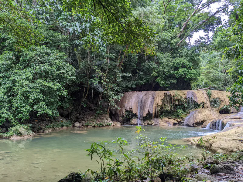 Scenic view of a wide waterfall cascading into a calm green pool surrounded by dense forest.