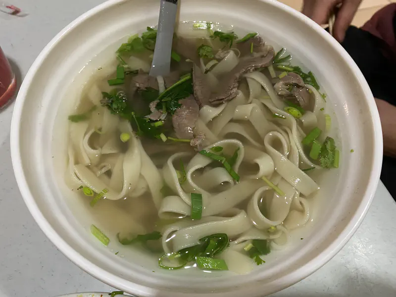 Bowl of clear noodle soup with flat rice noodles, beef slices, chopped green onions, and cilantro.