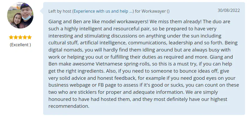 Workaway host review praising Giang and Ben as intelligent, resourceful, and highly recommended volunteers.