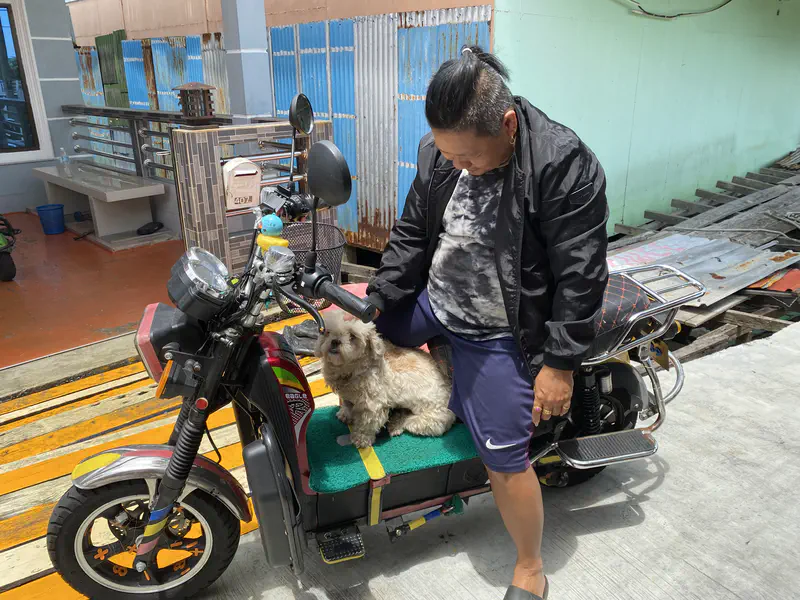 Four people gathered in a living room with red floral-patterned sofas and a light blue wall with decorative stickers.