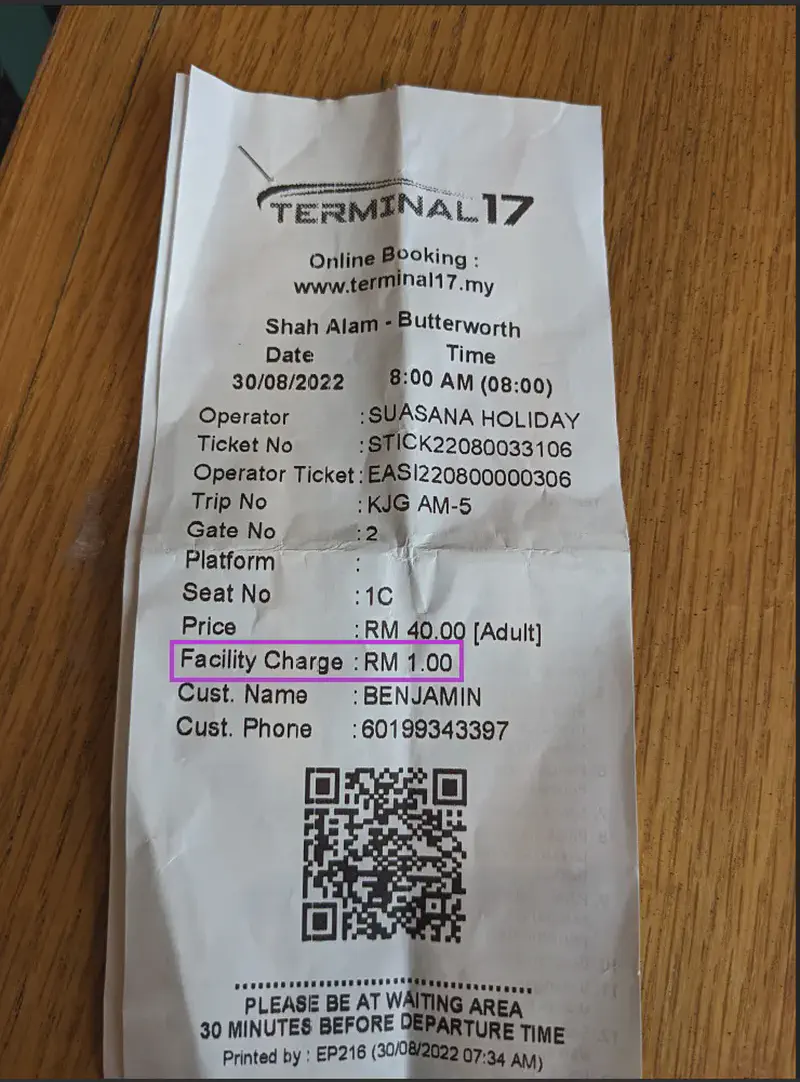 Terminal 17 bus ticket from Shah Alam to Butterworth with RM 40 fare and RM 1 facility charge.