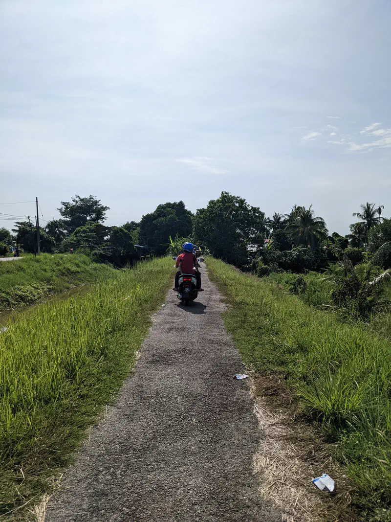 Person riding a motorbike down a narrow rural path with green grass on both sides.