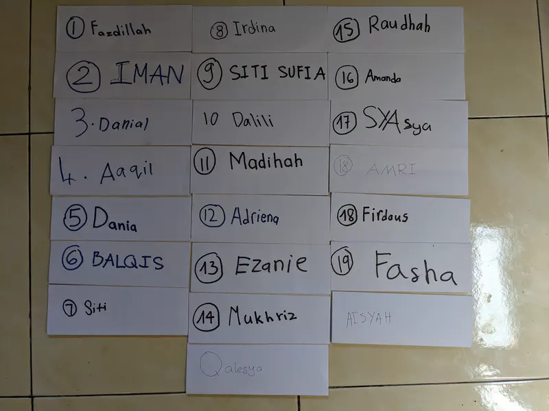 Handwritten name tags arranged on the floor, each labeled with different names and numbers.