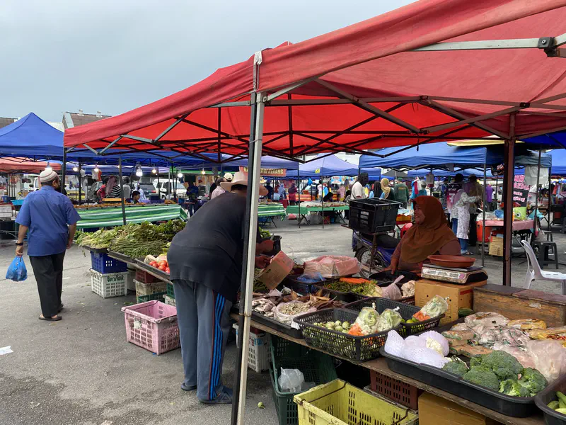 Vibrant outdoor market scene with red and blue canopies covering stalls selling fresh vegetables, fish, and other produce, as shoppers browse the area.
