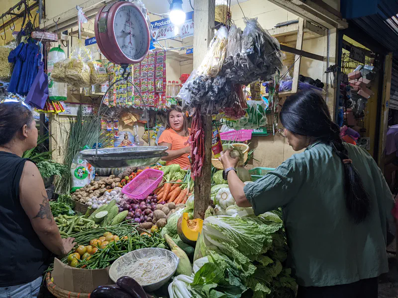 Market stall with assorted fresh vegetables, a hanging scale, and two women buying produce.