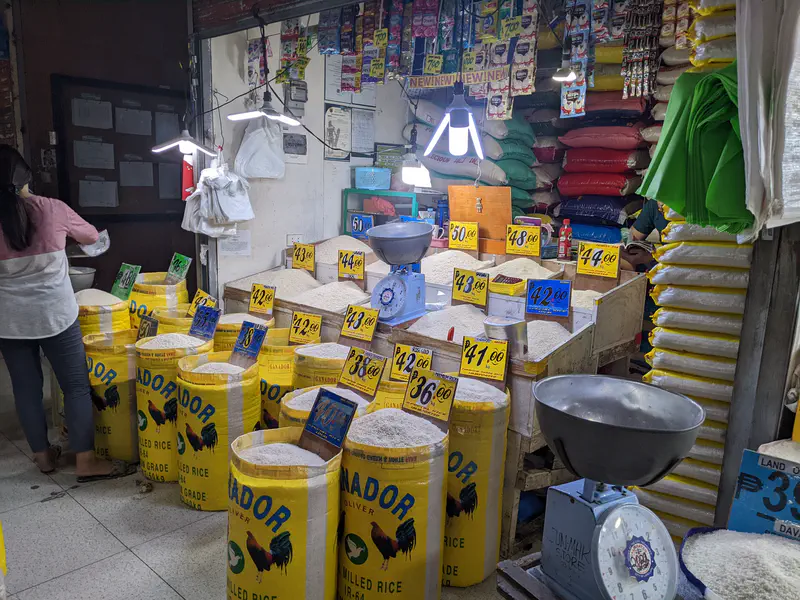 Rice store with sacks of rice labeled with prices and weighing scales in a market setting.