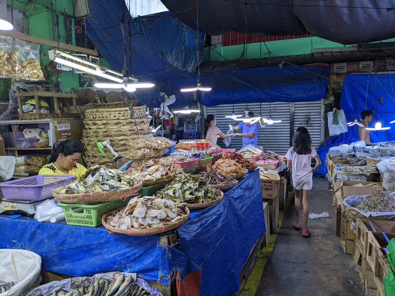 Indoor market stall with baskets of dried fish and seafood for sale under hanging lights.