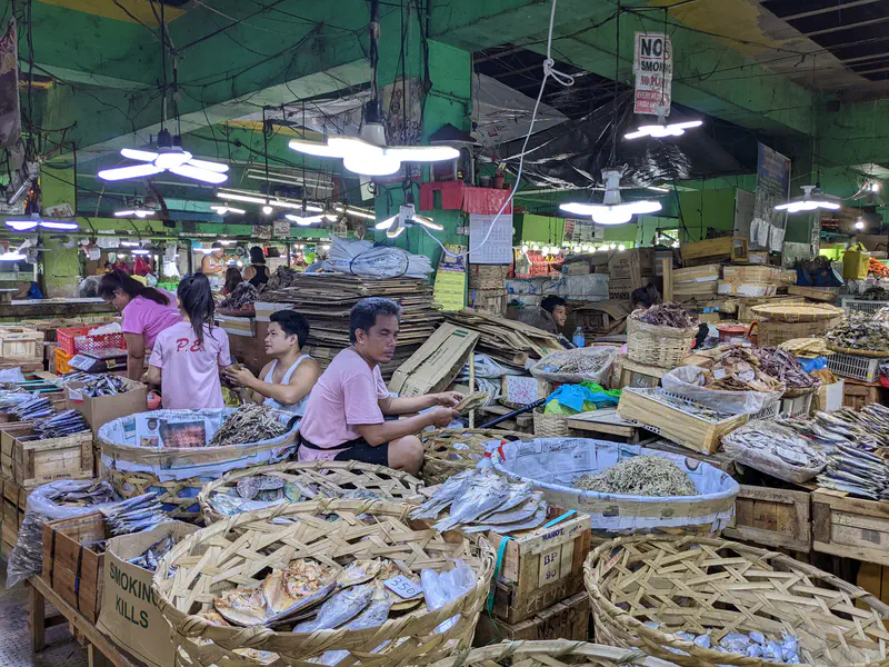 Indoor market with baskets of dried fish and seafood, vendors seated among piles of goods.