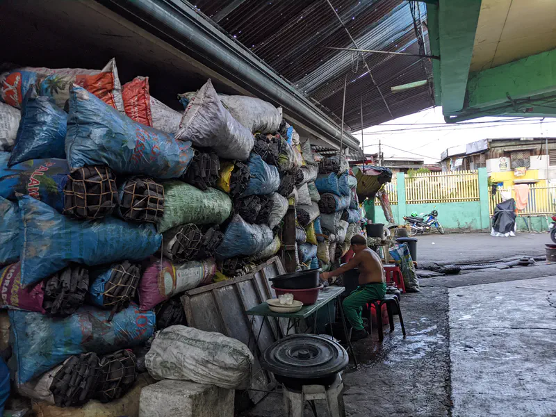Man sitting beside a large stacked pile of charcoal bags under a metal roof.