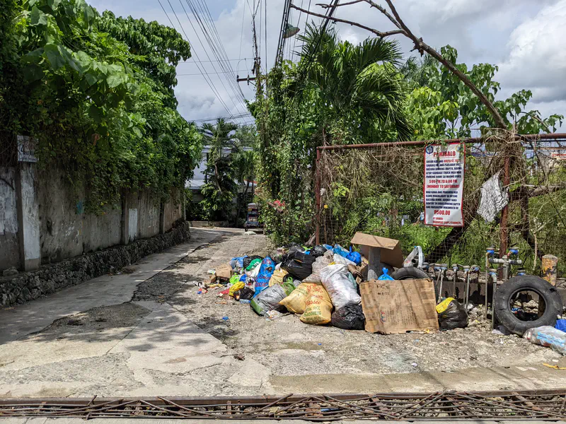 Piles of garbage bags and cardboard dumped along a narrow street beside a wall and greenery.