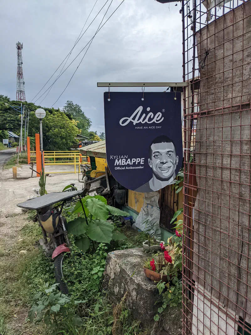 Advertising sign for Aice ice cream featuring a portrait and slogan.