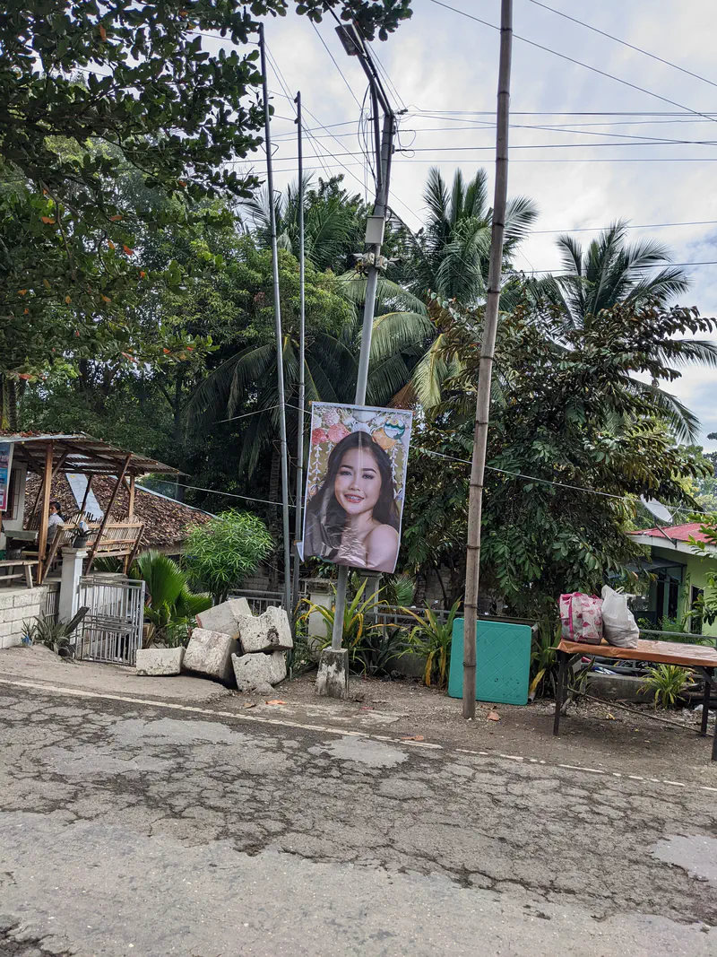 Large printed banner with a woman's portrait displayed on a roadside pole.