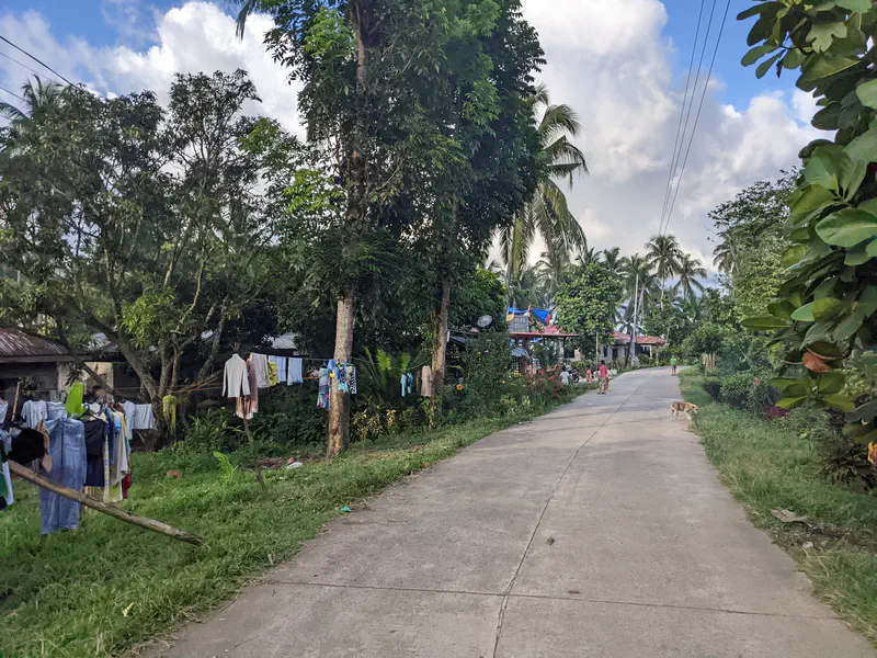 Concrete village road with laundry hanging, houses, trees, and children in the distance.