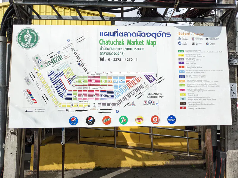 Map of Chatuchak Market in Bangkok showing numbered sections and categories for stalls.
