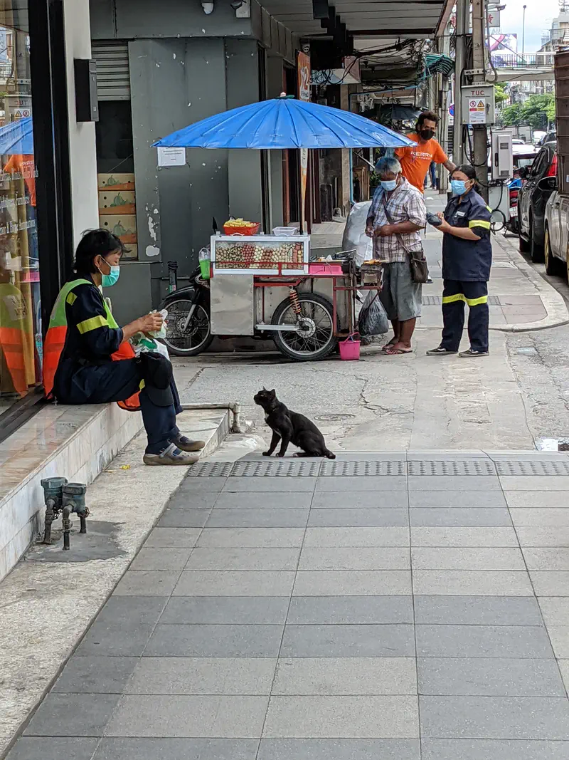 Black cat sitting on the sidewalk looking at a street cleaner eating lunch, with a food cart and people in the background.