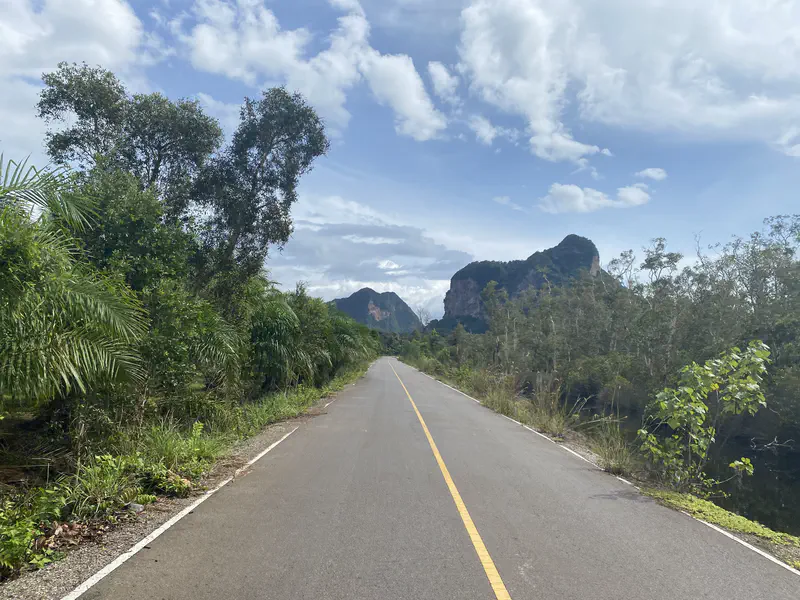Straight rural road surrounded by lush greenery and distant limestone mountains under a partly cloudy sky.