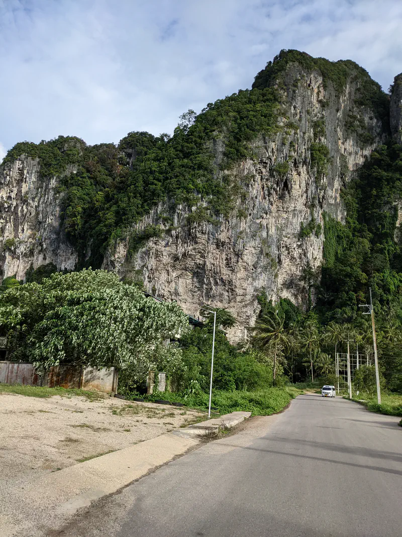 Narrow road leading past a massive limestone cliff face with patches of green vegetation and palm trees nearby.