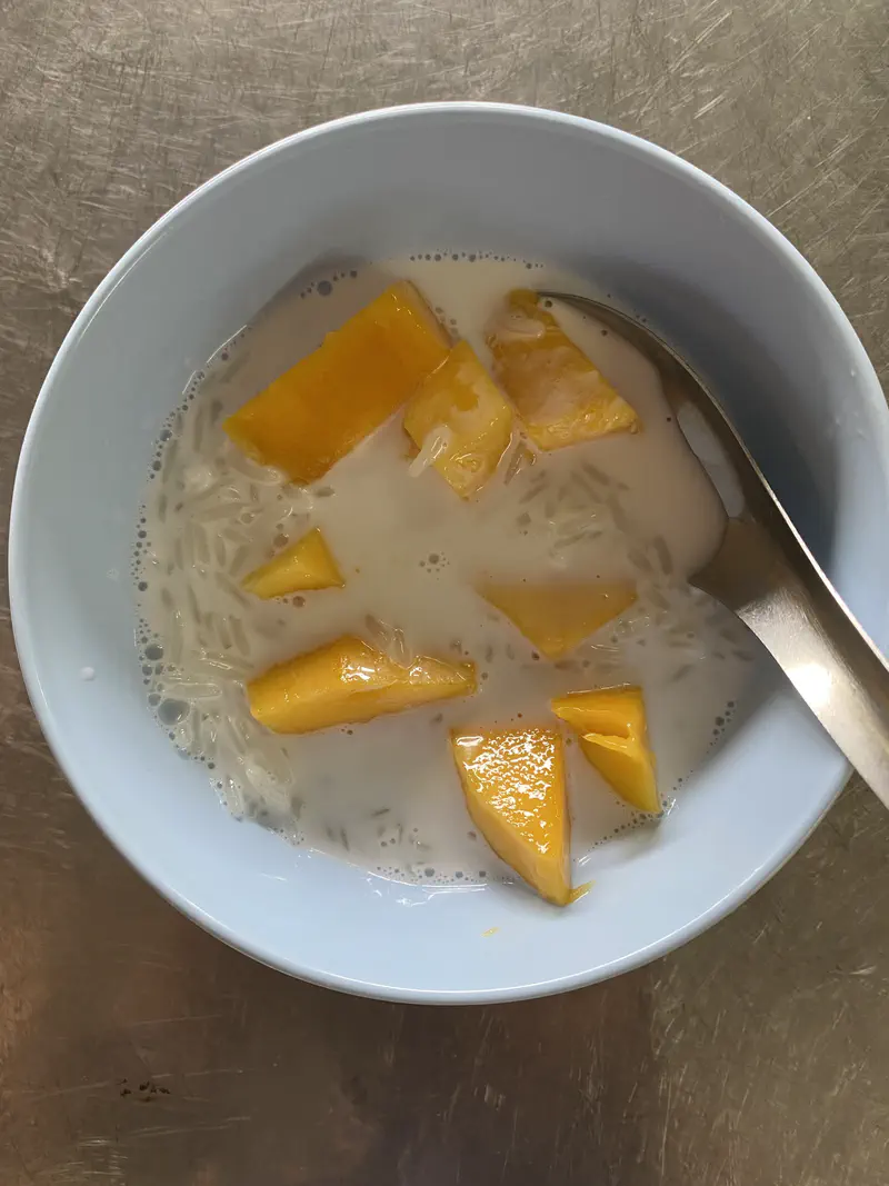 Thai dessert with mango pieces and sweet coconut milk served in a bowl with a spoon.