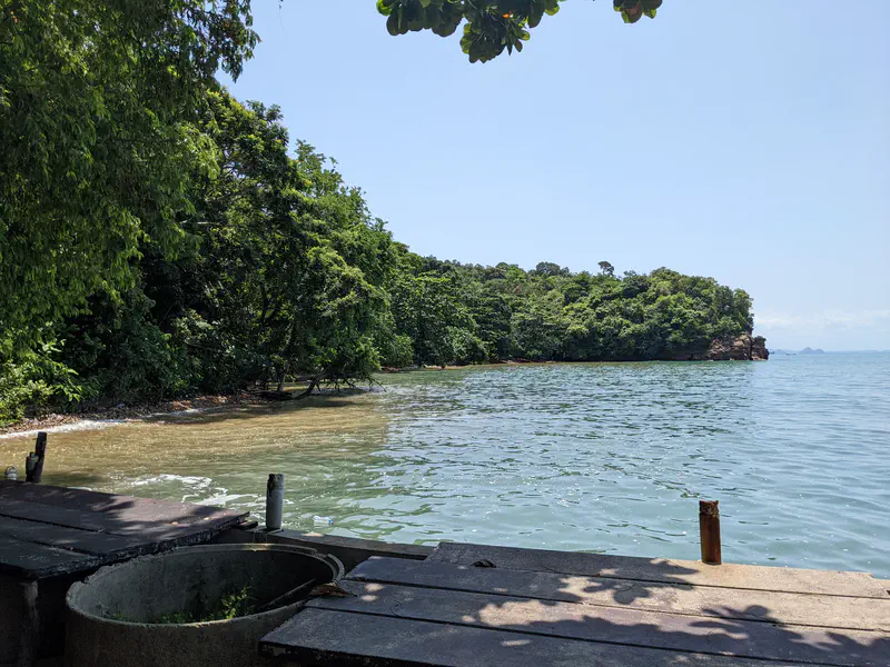 Calm coastal scene from a wooden pier, looking at a tree-covered shoreline and clear blue sea under a sunny sky.