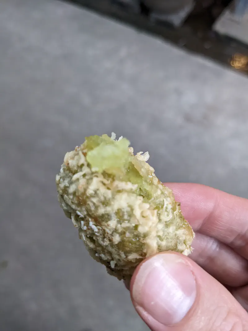 Close-up of a hand holding a piece of fried fruit in crispy batter.